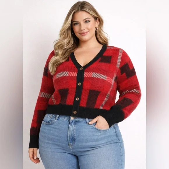 Torrid Red and Black Plaid Cardigan - Picture 2 of 9